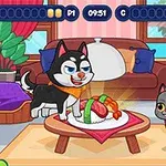 Un perro y un gato animados en una sala colorida observan un plato de comida en una mesa