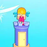 Un personaje atado con una cuerda está suspendido en el aire, mientras otro personaje llora de pie sobre una torre