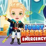 Dos personajes de dibujos animados con disfraces de superhéroes coloridos, junto a herramientas y peines, sobre un fondo de sala luminosa