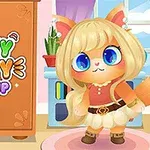 Un personaje de gato antropomorfo con cabello rubio y ojos grandes se encuentra frente a un armario en una habitación colorida