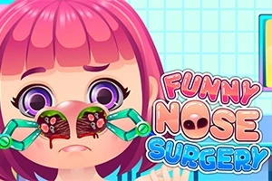 Niña con expresión triste sosteniendo pinzas en la nariz, acompañada de un texto colorido que dice Funny Nose Surgery