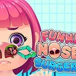 Niña con expresión triste sosteniendo pinzas en la nariz, acompañada de un texto colorido que dice Funny Nose Surgery