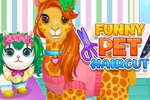 Llama colorida con suéter rosa y un gato con pelaje verde y corona de flores, junto al texto Funny Pet Haircut