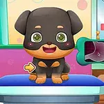 Un cachorro de dibujos animados con ojos verdes y expresión alegre sentado en una mesa de examen en una sala colorida