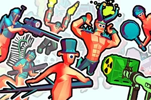 Personajes caricaturescos con armas y sombreros variados en una escena dinámica y colorida