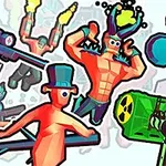 Personajes caricaturescos con armas y sombreros variados en una escena dinámica y colorida