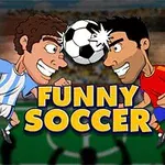 Dos personajes en caricatura vistiendo uniformes de fútbol chocan cabezas con un balón entre ellos, con el texto Funny Soccer debajo