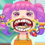 Niña con el cabello rosado en un consultorio médico, con la boca abierta mostrando dientes grandes y coloridos utensilios quirúrgicos alrededor
