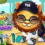 Un león animado con una gorra que dice FBI y gafas de sol, rodeado de elementos coloridos sobre un fondo de zoológico