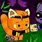 Dos personajes de apariencia animal, uno naranja y otro morado, interactúan en un entorno de bosque nocturno mientras sostienen un papel