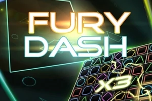 Texto brillante FURY DASH con fondo de formas geométricas y efectos de luz neón