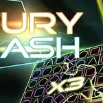 Texto brillante FURY DASH con fondo de formas geométricas y efectos de luz neón