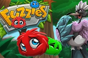 Criaturas esponjosas de colores brillantes con expresión animada, acompañadas de un pájaro grande de plumaje colorido en un entorno de bosque