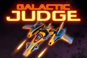Nave espacial futurista volando con propulsores encendidos bajo el título Galactic Judge en neón naranja