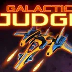 Nave espacial futurista volando con propulsores encendidos bajo el título Galactic Judge en neón naranja