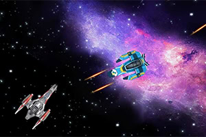 Dos naves espaciales en una batalla en el espacio con un fondo de galaxia colorida