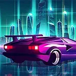 Un automóvil deportivo futurista en tonos morados y rosados frente a un paisaje urbano nocturno con rascacielos iluminados