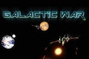 Texto Galactic War con naves espaciales y planetas en el espacio exterior