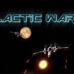 Texto Galactic War con naves espaciales y planetas en el espacio exterior