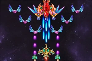 Naves espaciales coloridas disparando en formación en un fondo estrellado