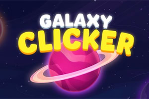Texto Galaxy Clicker en letras amarillas y blancas sobre un planeta rosa con anillos en el espacio
