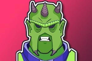 Personaje verde con cuernos morados y expresión seria sobre fondo rosa