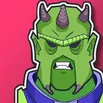 Personaje verde con cuernos morados y expresión seria sobre fondo rosa