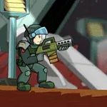 Un soldado futurista con armadura y casco sosteniendo un arma en un paisaje con fondo de estructuras espaciales y cielo estrellado