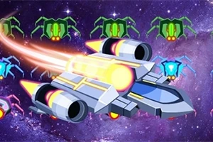 Nave espacial futurista disparando láseres con arañas alienígenas en un fondo de galaxia