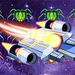 Nave espacial futurista disparando láseres con arañas alienígenas en un fondo de galaxia
