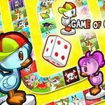 Dos patitos de dibujos animados, uno azul y otro rosa, están sobre un tablero de juego con un dado flotando y un camino de casillas multicolores; todo en un fondo amarillo vibrante
