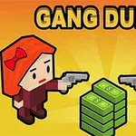 Personajes animados apuntándose con pistolas alrededor de billetes sobre un fondo amarillo con el texto Gang Duel