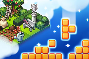 Un jardín pequeño con un árbol frutal, un banco y una estatua, junto a bloques amarillos flotantes sobre un fondo azul con nubes