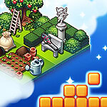 Un jardín pequeño con un árbol frutal, un banco y una estatua, junto a bloques amarillos flotantes sobre un fondo azul con nubes