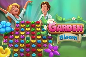 Dos personajes felices frente a un tablero colorido con flores de varios colores y el texto Garden Bloom con detalles florales