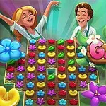 Dos personajes felices frente a un tablero colorido con flores de varios colores y el texto Garden Bloom con detalles florales