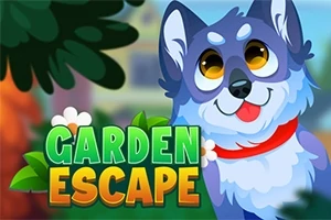 Un perro caricaturesco de ojos grandes y expresivos junto al texto Garden Escape en un entorno colorido con hojas y flores
