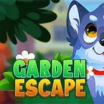 Un perro caricaturesco de ojos grandes y expresivos junto al texto Garden Escape en un entorno colorido con hojas y flores