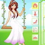 Chica animada con vestido blanco y rosa sentada en un columpio, junto a un menú de selección de peinados y accesorios