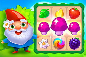 Un gnomo sonriente junto a un tablero de juego con íconos de hojas, frutas, hongos y una flor
