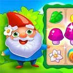 Un gnomo sonriente junto a un tablero de juego con íconos de hojas, frutas, hongos y una flor