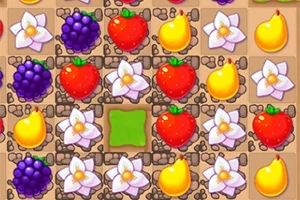Frutas y flores coloridas organizadas en una cuadrícula sobre un fondo marrón
