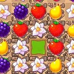 Frutas y flores coloridas organizadas en una cuadrícula sobre un fondo marrón
