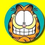 Caricatura de un gato anaranjado con una gran sonrisa, orejas pequeñas y bigotes sobre un fondo azul redondeado con un marco amarillo