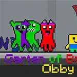 Personajes pixelados de colores brillantes con un fondo gris y texto en la parte inferior