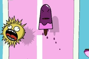 Helado morado enfadado en el centro rodeado de un sol amarillo con rostro enojado sobre un fondo rosa