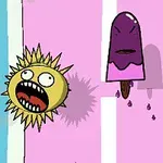 Helado morado enfadado en el centro rodeado de un sol amarillo con rostro enojado sobre un fondo rosa