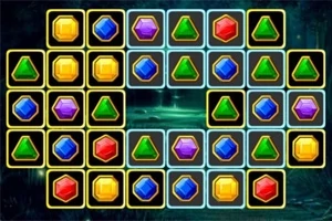 Rejilla de gemas coloridas en forma de hexágonos, triángulos y otras figuras geométricas sobre un fondo oscuro