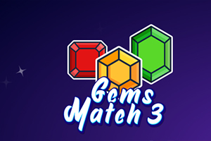 Tres gemas en forma de joya de colores rojo, amarillo y verde con el texto Gems Match 3 sobre un fondo púrpura