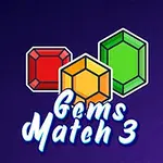 Tres gemas en forma de joya de colores rojo, amarillo y verde con el texto Gems Match 3 sobre un fondo púrpura